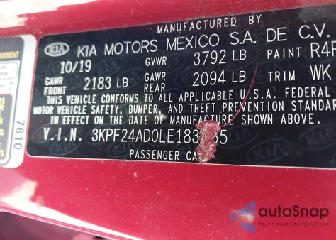 2020 Kia Forte Lxs из США, поврежденный, VIN 3KPF24AD0LE183165